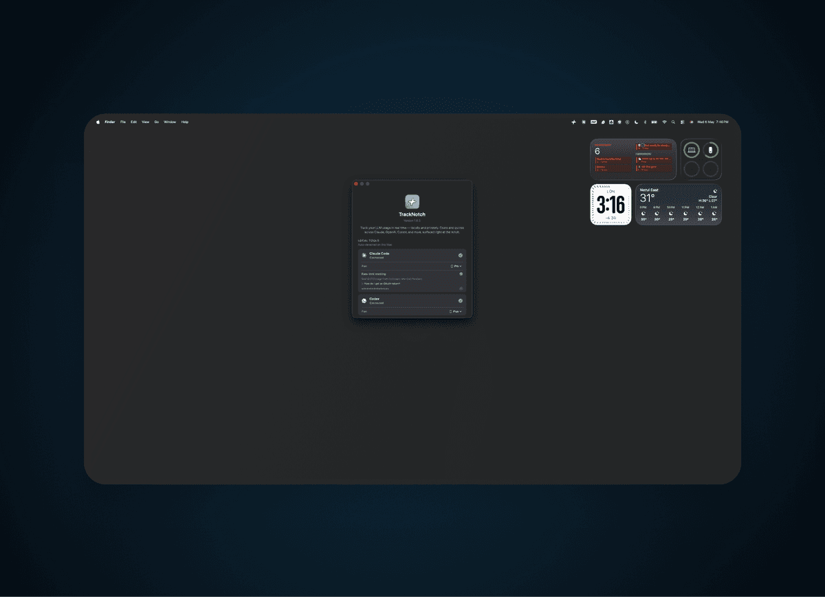 TrackNotch settings — Claude Code and Codex connected, rate-limit tracking active