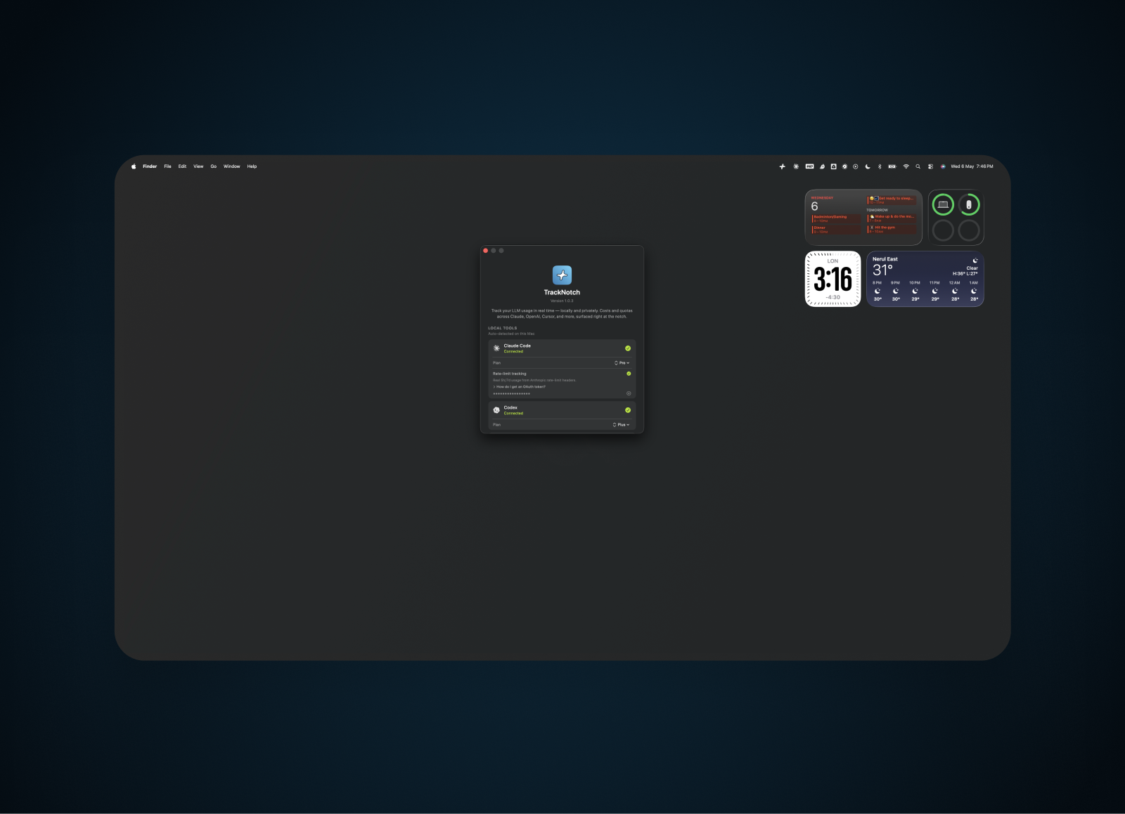 TrackNotch settings: Claude Code and Codex connected, rate-limit tracking active